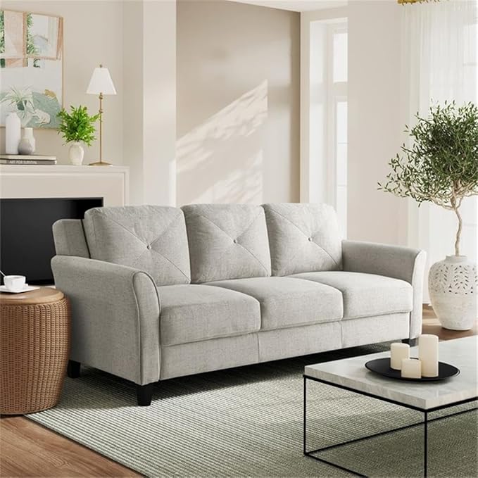 BOWERY HILL Transitional 78.7 W Solid Hardwood Frame Stationary Sofa with Elegant Tufted Back Cushions in Beige Premium Fabric Upholstery