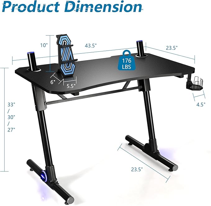 Tangkula Gaming Desk Height Adjustable Computer Desk w/Blue LED Lights Gaming Handle Rack &amp Cup Holder Z-Shaped Ergonomic Home Office Gamer Desk w/Carbon Fiber Texture (Black)