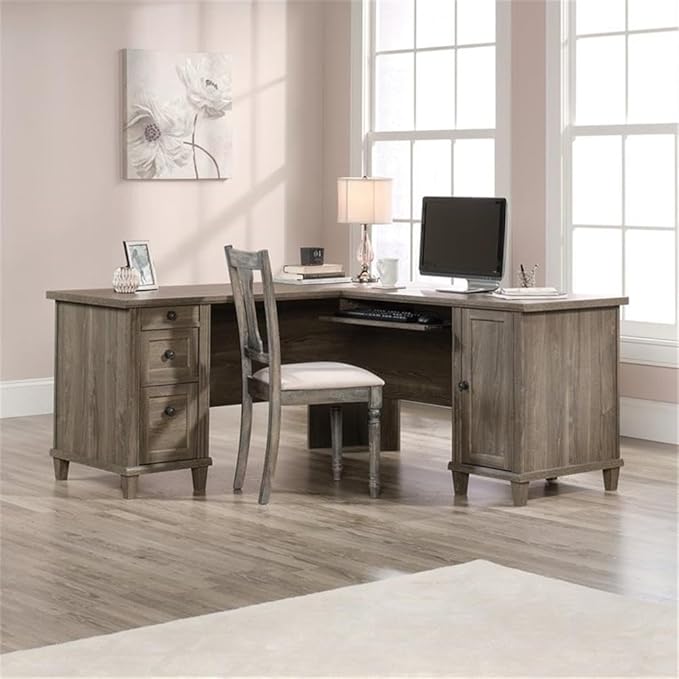 Pemberly Row L-Shaped Engineered Wood Computer Desk Emery Oak Finish 65 in x 65 in x 30 in Durable 1 in Thick Top Slide-Out Keyboard Shelf 3 Drawers Adjustable Shelf Home Office Desk