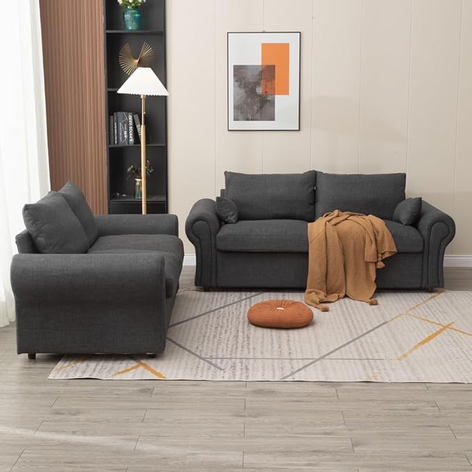 Panana Modern 2 Seater Loveseat Sofa Couch with Storage Dark Grey or Light Color Choice of Curved Sock or Track Arm Design (Dark Gray 3 Seater - Scroll Arms)