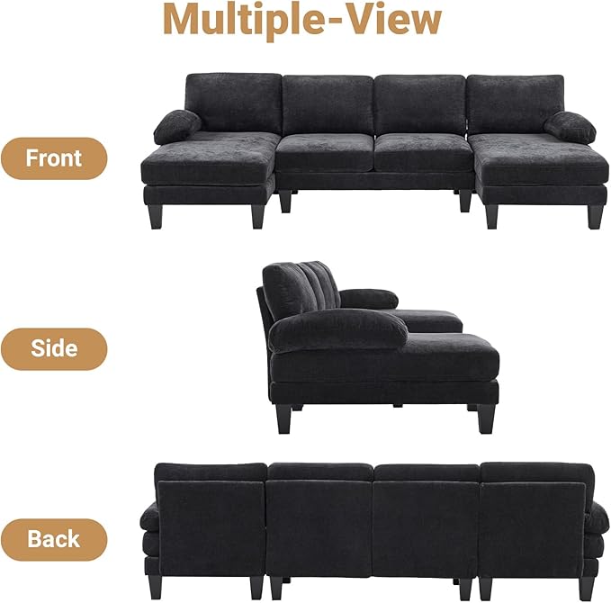 VINGLI 110 Sectional Couches for Living RoomU Shaped Couch with Double Chaise 4-Seat Sofa Set with Chenille Fabric for Home FurnitureBlack