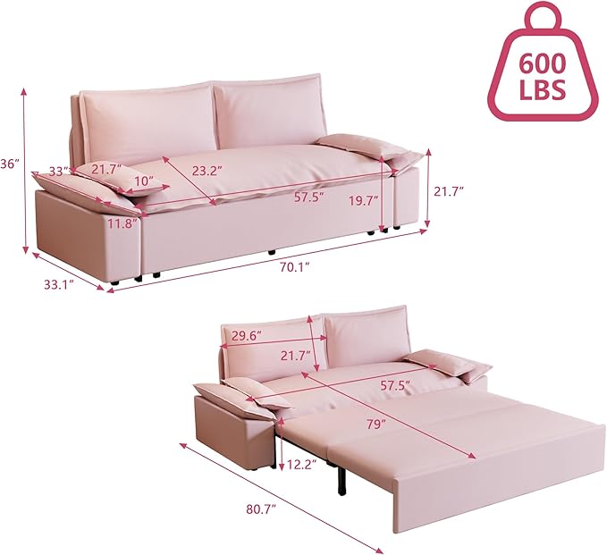 GNIXUU 73.2 Queen Pull Out Sofa Bed Velvet Convertible Sleeper Sofa Couch with 2 Soft Pillows Comfy Loveseat Bed Pull Out Couch for Living Room Apartment Small Space(Pink)