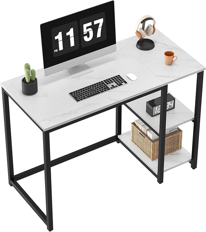 SINPAID Computer Desk 40 inches with 2-Tier Shelves Sturdy Home Office Desks with Large Storage Space Modern Gaming Desk Study Writing Laptop Table Black Marbling (White Marble 40 inch)