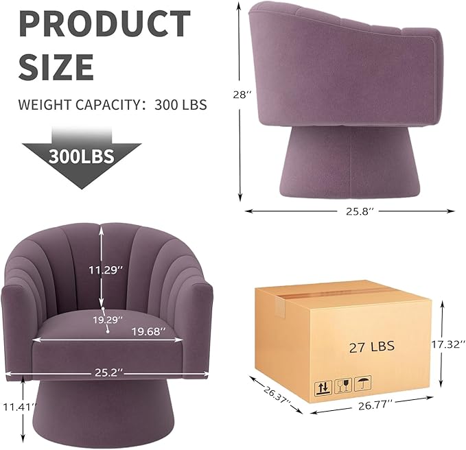 Swivel Accent ChairUpholstered Velvet 360° Swivel Barrel Chair for Living Room Overstuffed Bouncle Reading Chair Round Armchair for BedroomVanityOffice(Purple)