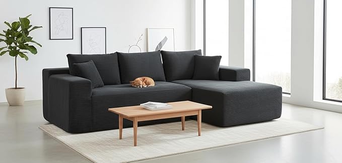 Ridge 2-Piece Convertible Corduroy L-Shaped Sofa in a Box with Pillows 3-Seater Modular Sectional Couch Compressed Living Room Furniture Black (Right Facing)