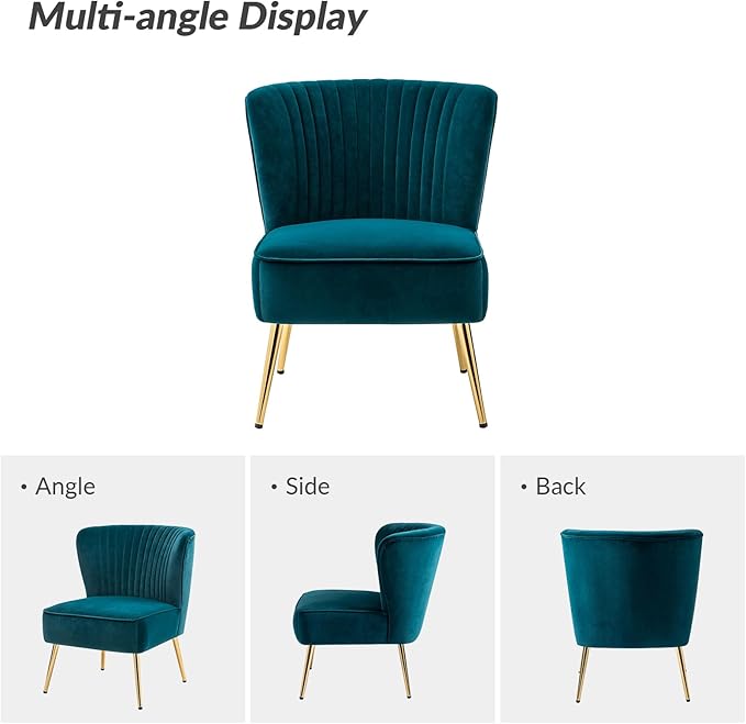 HULALA Home Velvet Accent Chair Set of 2 Modern Armless Upholstered Side Chair with Glam Gold Metal Legs for Vanity Living Room Bedroom - Teal