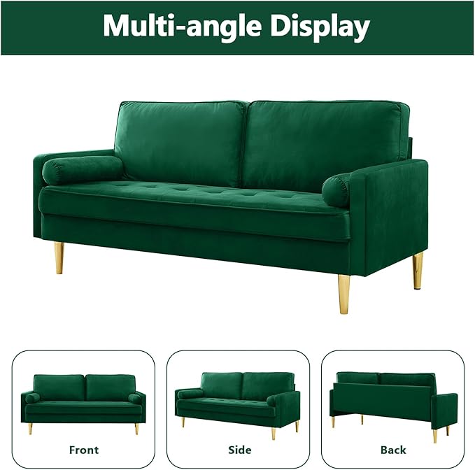 65 Love Seat Sofa Velvet Small Sofa Small Couch for Bedroom Living Room Bedroom Loveseat with 2 Pillows Gold Legs Modern Tufted Seat Upholstered Seating for Office Apartment (Green)