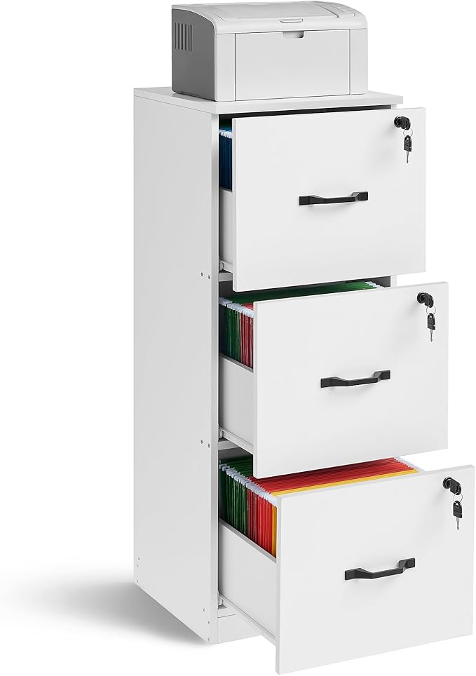 VASAGLE 3-Drawer Vertical File Cabinet Filing Cabinet for Home Office Printer Stand with 3 Lockable Drawers Adjustable Hanging Rail for A4 and Letter-Size Files Cloud White UOFC055W14