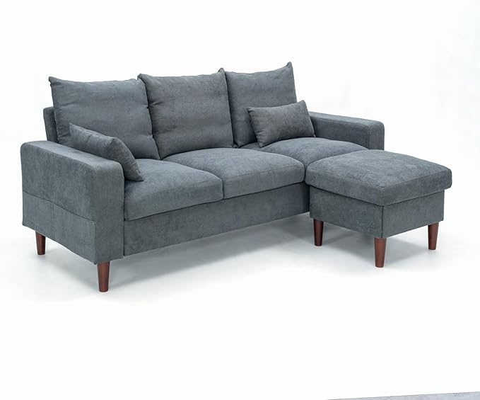 Panana 3-Seat Sofa Couch with Reversible Back Cushions Modern Fabric Sofa 3 Seater Couch for Small Apartment (Grey 3 Seater with Ottoman Stool)
