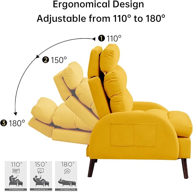 Accent Chair with Ottoman Comfy Reading Chair with Ottoman Set Modern Oversized Velvet Lounge Armchair with Adjustable Backrest for Living Room Bedroom (Yellow)