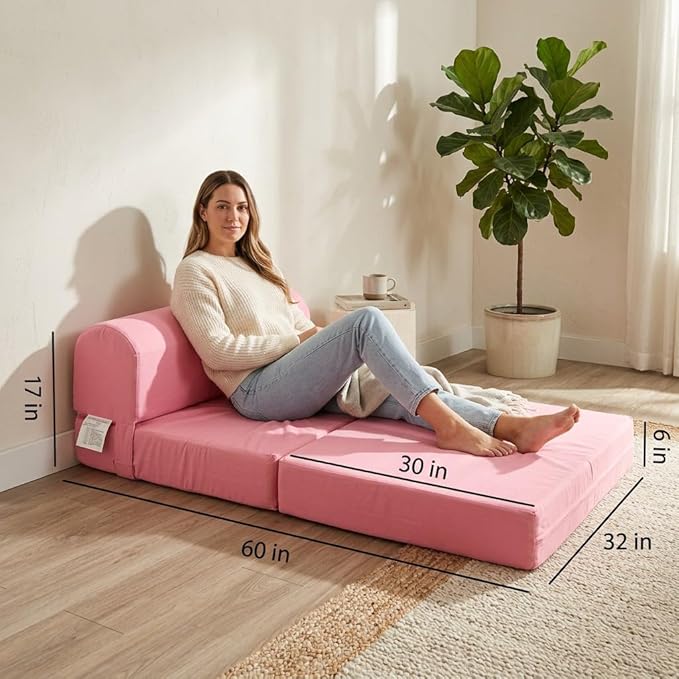 D&ampD Futon Furniture Sleeper Chair Folding Foam Bed Portable Studio Guest Sofa Beds 6 x 32 x 70 Pink