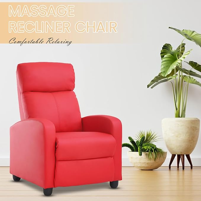 Recliner Chair Breathable Padded PU Leather Massage Single Sofa Recliners for Small Recliner Chair with Footrest Home Theater Seating for Bedroom Living RoomRed