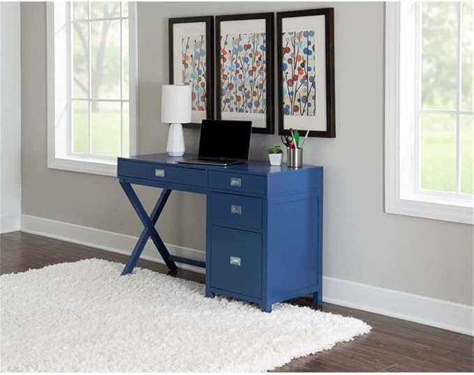 Pemberly Row Modern Wood Side Storage Desk 48 W x 18 D x 30 H Navy Blue Finish 4 Drawers with Silver Handles X-Frame Design Home Office or Bedroom Desk for Writing or Computer Use