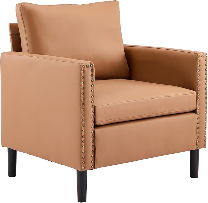 Sepnine Modern Accent Chair Mid-Century Faux Leather Armchair for Living Room Comfy Upholstered Club Chair Sofa Chair with Decorative Rivet Accents for Bedroom Reading Room (Brown 1 Pack)