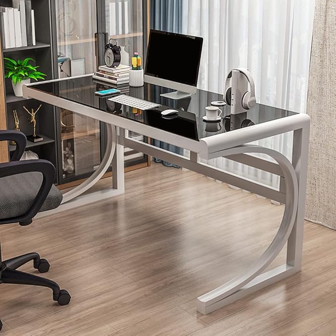 LITFAD Modern Office Desk Tempered Glass Desktop Computer Desk Home Office Study Desk with Metal Legs - 39.4 L x 23.6 W x 29.5 H White Base &amp Black Table Top Without Chairs