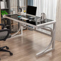 LITFAD Modern Office Desk Tempered Glass Desktop Computer Desk Home Office Study Desk with Metal Legs - 39.4 L x 23.6 W x 29.5 H White Base &amp Black Table Top Without Chairs