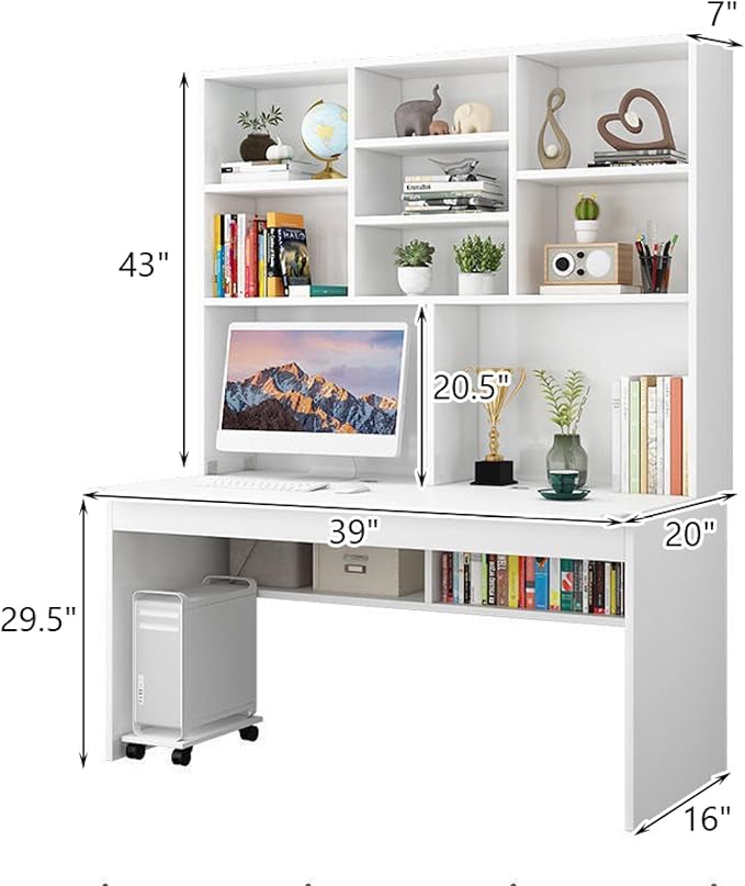 Computer Desk with Bookshelf for Small Space Wood Writing Table/Workstation Teens Student Study Table Home Office Desk Computer Desk with Hutch(39 Inch White)