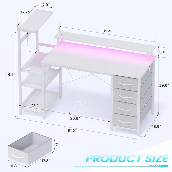 51 Inch Gaming Desk with Power Outlet and LED Lights Computer Desk with 4 Drawers &amp Storage Shelves Reversible Home Office Desk with Monitor Stand for Small Space Bedroom Carbon Fiber White