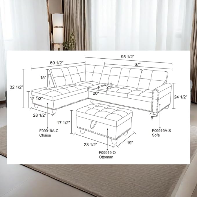 L Shaped Sectional Couch Ottoman Modern Nailhead Comfy Lounge Sofa with Reversible Cup Holder &amp Chaise 97 4 Seat Modular Sofá for Living Room Apartment Grey