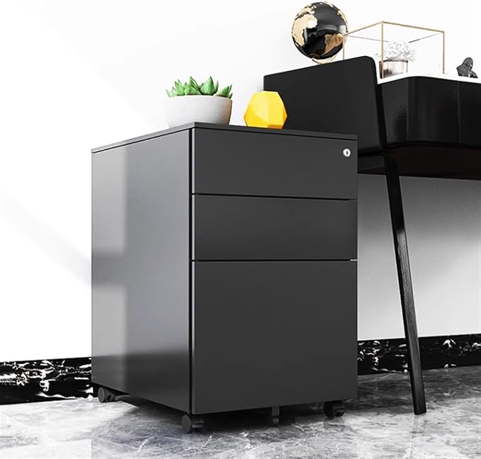 Mobile File Cabinet Under Desk Three Drawers Metal File Cabinet with Lock White/Black Iron Dresser for Home Office File Cabinet (Color : Black Size : 39 x 50