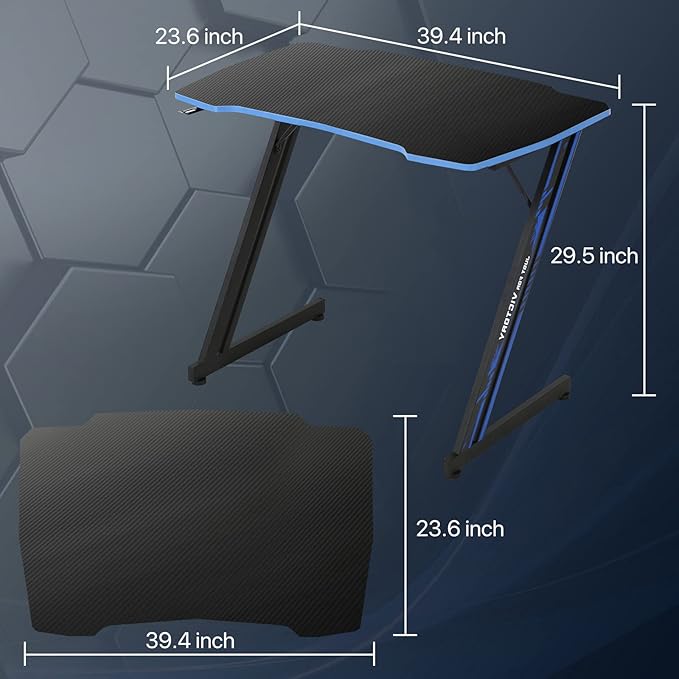 HKLGorg Gaming Desk Computer Desk Z Shaped Gaming Table Writing Modern Ergonomic Racing Style Home Office Table Workstation Carbon Fiber Headphone Hook for Men Boyfriend Female Gift (Blue 39)
