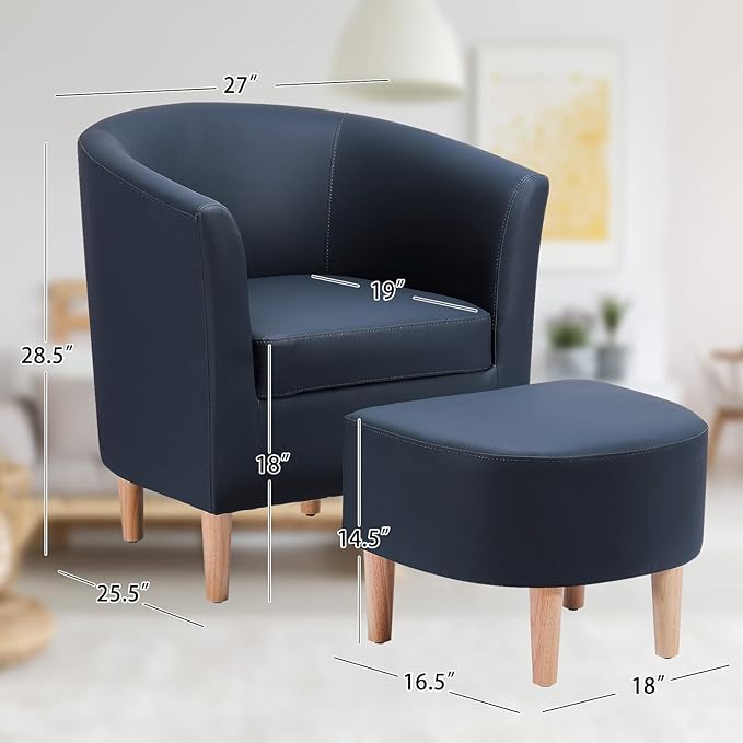 DAZONE Leather Chair Accent Chair Mid Century Modern with Ottoman Faux Barrel Comfy Armchair Upholstered Club Tub Round Arms for Living Room Bedroom Reading Navy Blue Set of 1