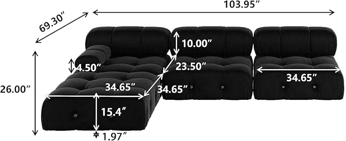 WJShome Modular Sectional Sofa with Ottoman103.95 inch Convertible Sofa Couch with Reversible ChaiseVelvet L Shaped Minimalist Couch for Living Room Modern Large Free CombinationBlack
