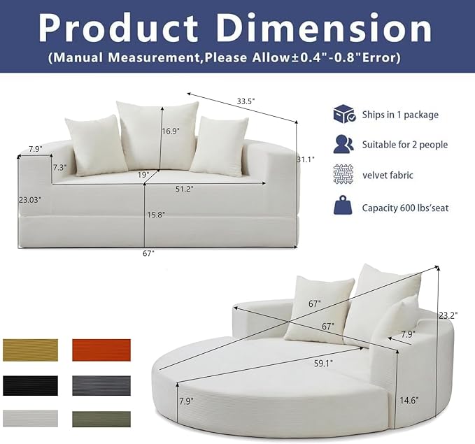 67 Round Convertible Folding Sofa Bed Boneless Couch Loveseat Floor Sleeper Chaise Lounge for Living Room Apartment Dorm Small Spaces Beige