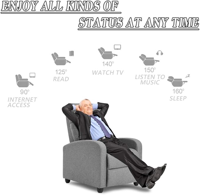 BestMassage | Recliner Chair | with 2 Point Massage Function | Textile Grey | with Lumbar Support Adjustable Push Back Footrest &amp Padded Seat | Easy Assembly | for Living Room Home Theatre