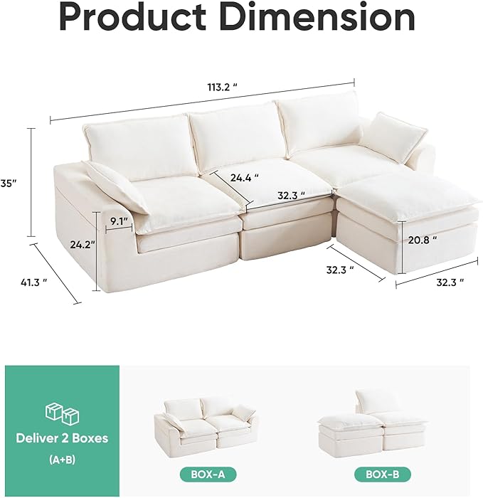 113 Cloud Sectional Boneless Couch for Living Room Modern Modular Sectional Sofa Deep Seat with Ottoman Upholstered Comfy Sectional Couches L Shaped Couch with Side PocketsChenilleBeige