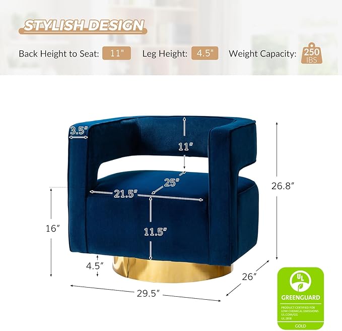 TINA'S HOME Swivel Accent Barrel Chair Modern Velvet Armchair with 3D Curved Open Back &amp Swivel Gold Metal Base Upholstered Club Chair for Living Room Bedroom Nursery Navy(No Assembly Required)