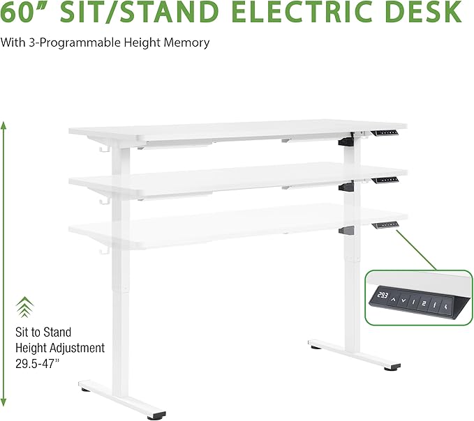 OSP Home Furnishings Primo Sit-to-Stand Electric Height Adjustable Office Desk with Hook White 5 Feet Wide