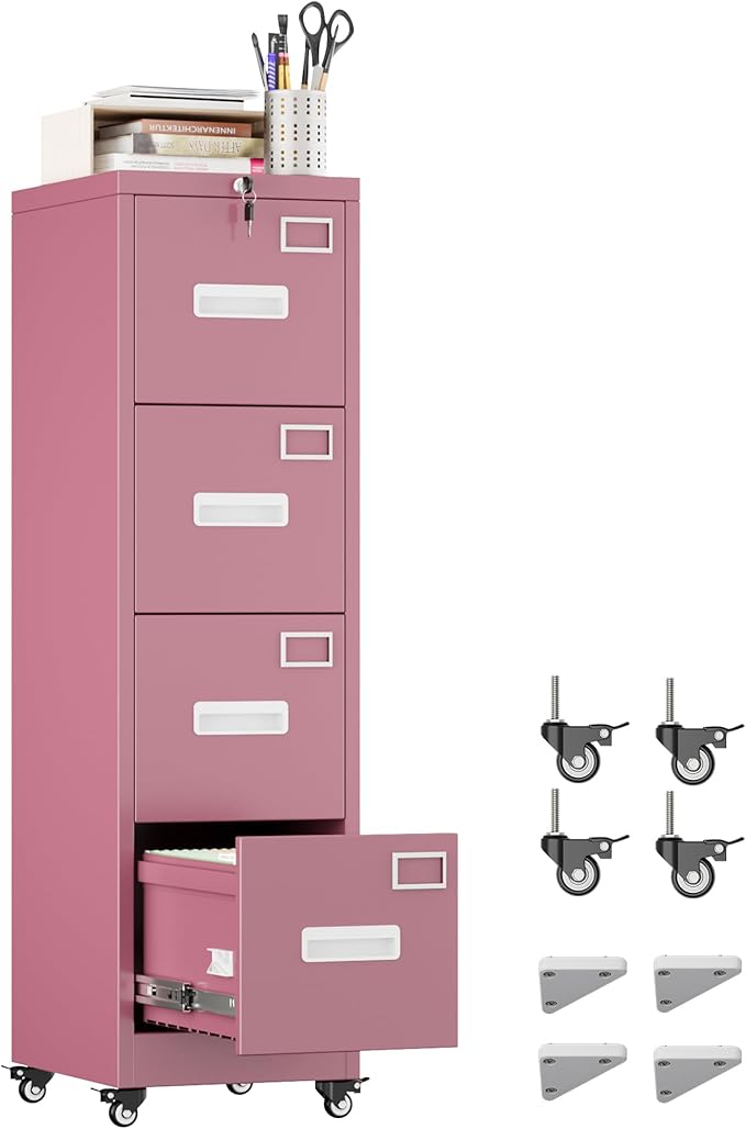 METAN 4 Drawer File Cabinet on Wheels Lockable Metal Filing Cabinet with Handle and Name Card for Office HomeAssembly RequiredPink