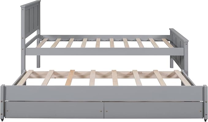 Merax Classic Solid Wooden Bed Farme with Trundle Bed and Drawers Storage Sofa Bed for Living Room Bedroom Guest Room Space SavingGray