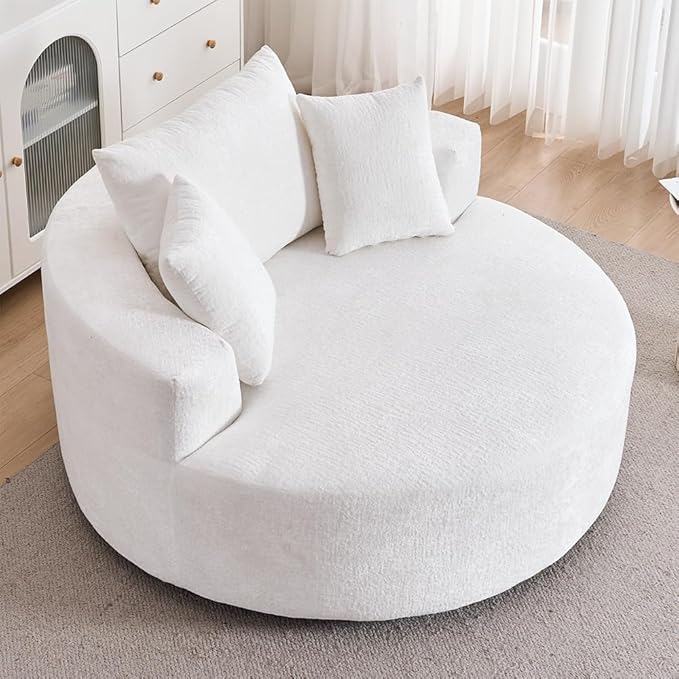 54.3″ Round Swivel Couch Plush Chenille Deep Seat Cozy Reading Chair XL Modern Oversized Swivel Accent Barrel Chair for Living Room Bedroom Lounging (Beige)