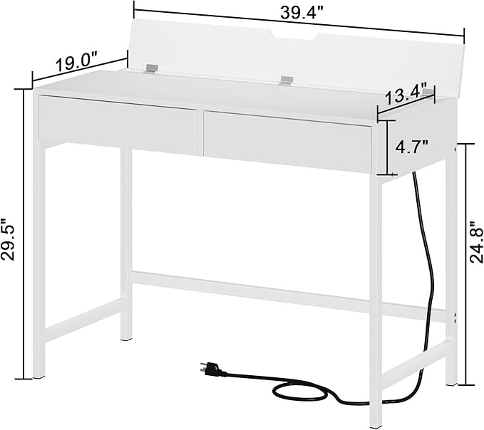 Treocho Computer Desk with USB Charging Ports and Power Outlets Modern Simple 40 inch White Desk with 2 Drawers Vanity Desk Makeup Table for Home Office Bedroom