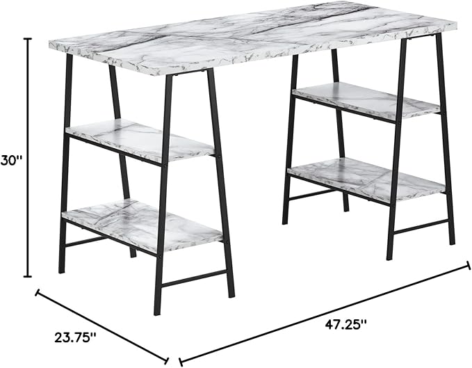 Monarch Specialties I 7527 Computer Desk Home Office Laptop Storage Shelves 48 L Work Metal Laminate White Marble Look Black Contemporary Modern