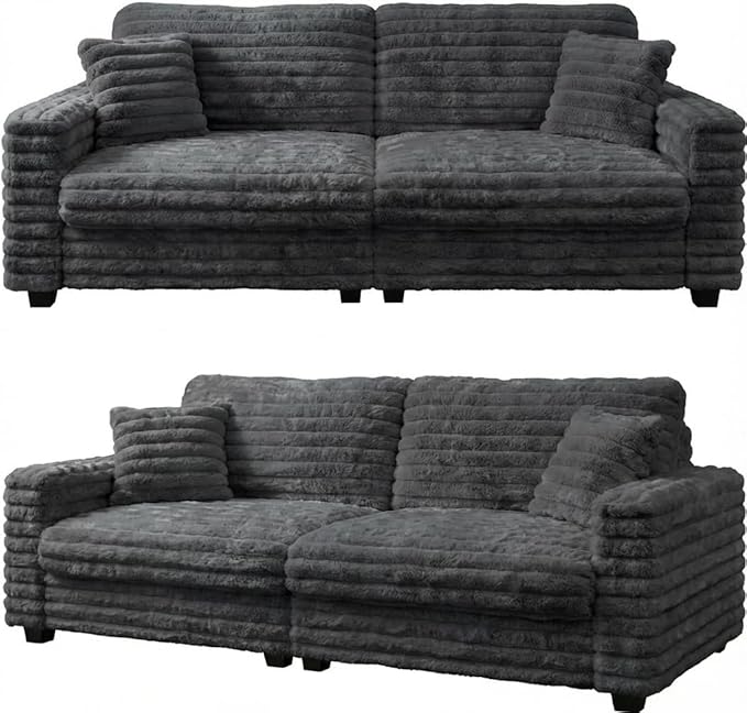 Plush Corduroy Loveseat Sofa Fluffy Love Seat Sectional Couch Oversized Deep Seat Sofa with 2 Pillows Apartment and Small Space Sofas Dark Grey