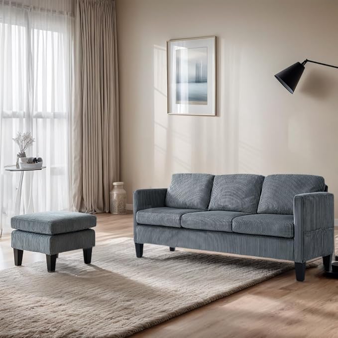 Modern L-Shaped Sofa with Corduroy Fabric 3-Seater Sectional Couch for Small Space Space-Saving Design Easy Assembly (Gray)
