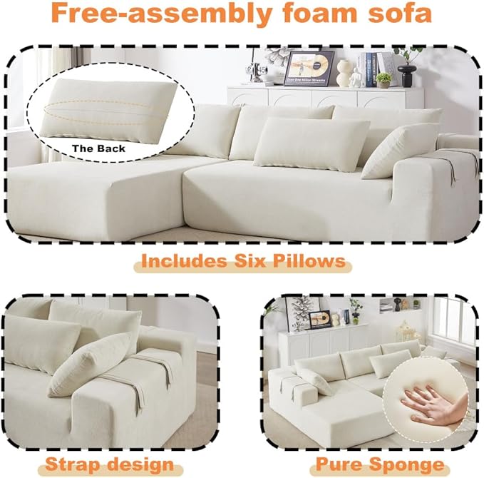 2026 New 108 L Shaped Sectional Sofa Couch Chenille Boneless Couch Deep Seat Sectional Modular Couch for Living Room No Assembly Required