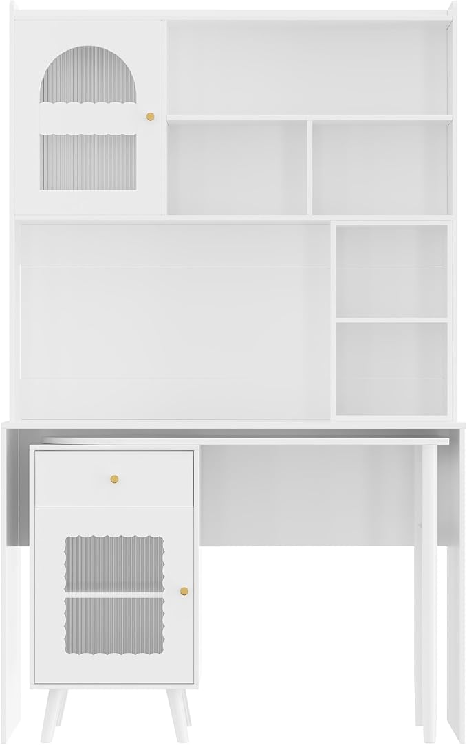 Computer Desk with 90 Degree Rotating DesktopOffice Desk with Storage Drawer and Cabinets Gaming Writing Desk for Study Home Office Bedroom Living (White/90)