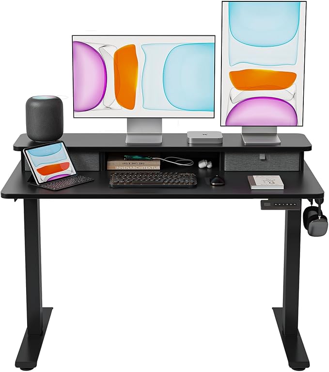 BANTI 48x24 Inch Electric Standing Desk with Dual Drawers Height Adjustable Stand Up Table Sit Stand Home Office Desk with Storage Shelf Black Frame/Black Top