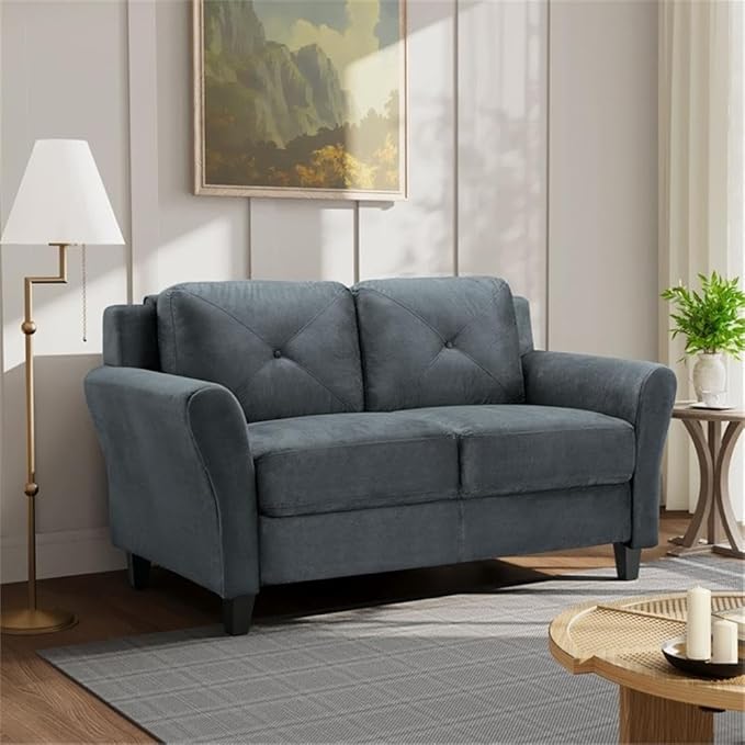 BOWERY HILL Transitional Set of 2 Solid Hardwood Frame Dark Gray Microfiber Upholstered Stationary Sofa &amp Loveseat with Tufted Back Cushions