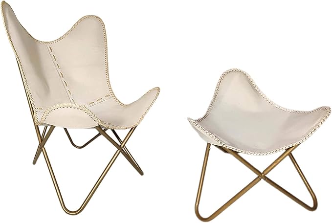 PLW Handmade Leather Butterfly Chair with Matching Ottoman – Beige Seat &amp Golden Folding Iron Frame Vintage Lounge Accent Chair for Living Room Bedroom or Office