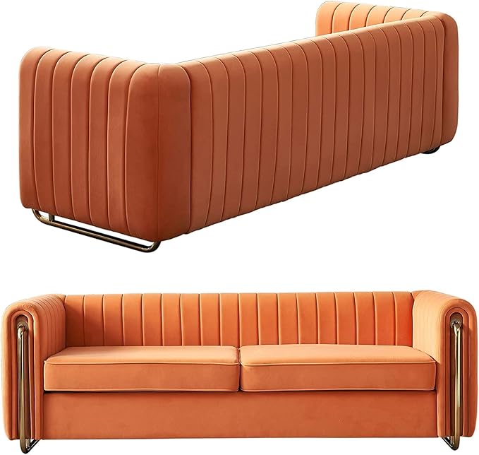 KEVINSPACE 84.25 Modern Sofa Couch Velvet Loveseat Sectional Sofa Couch with Gold Legs for 3-4 Persons Upholstered Deep Seat Love Seat Mid-Century Sofa for Living Room Office Apartment Orange