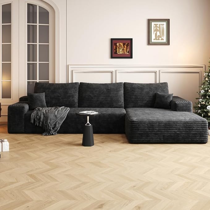 108’’Cloud Couch Sectional with L-Shape Chaise Modern Modular Sectional Sofa Boneless Couch with Deep Seat Modern Upholstered Couches for Living Room (Black 108''W Right Facing Chaise)