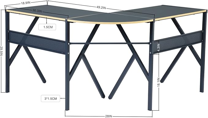 FurnitureR L-Shaped Computer Desk Gaming Table Home Office Corner Desk Writing Study Computer Table with Sturdy Metal Frames for Home Office Saves Space Black (49.2 Inch)