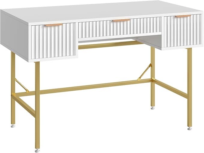 Bestier 47.6 Inch Fluted Computer Writing Desk with Drawers for Home Office White and Gold Vanity Desk Modern Simple Makeup Desk for Bedroom