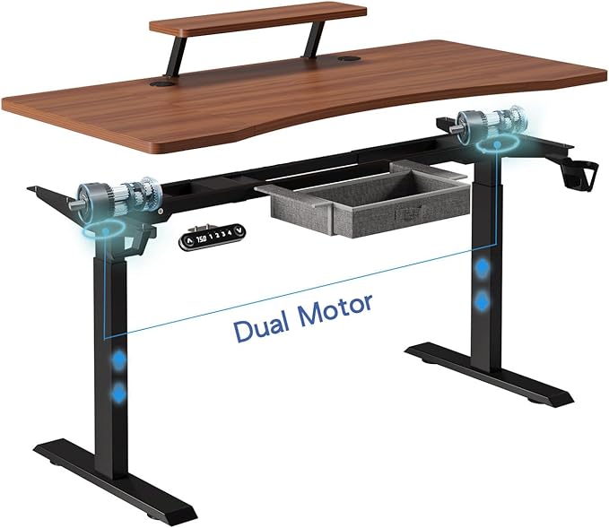 Dual Motor Standing Desk with Drawer 63x30 Inches Electric Height Adjustable Sit Stand Up Desk with Storage Shelf Home Office Desk Computer Workstation with Walnut Top/Black Frame