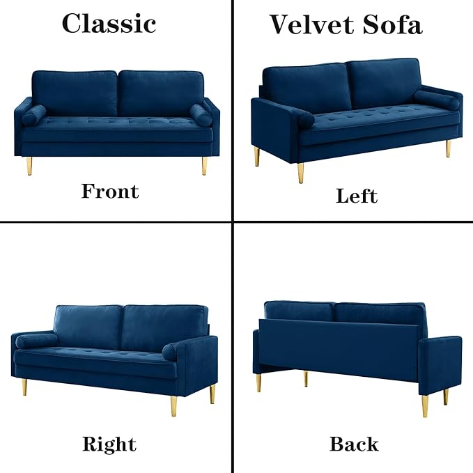 Modern Navy Tufted Velvet Loveseat Futon Club Two Seater Sofa Compact for Living Room Studio Office Dormitory Breathable Spring Small Sofas for Entertainment Room Suitable Bedroom (67 Navy)